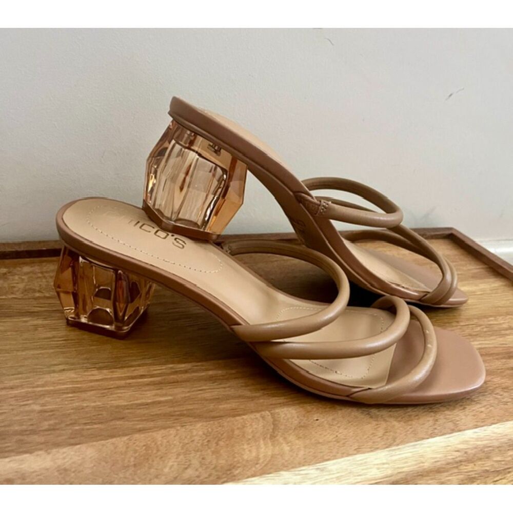 Chico's Marina Lucite Heel Nude Strappy Square Toe Slide Sandals 9.5M